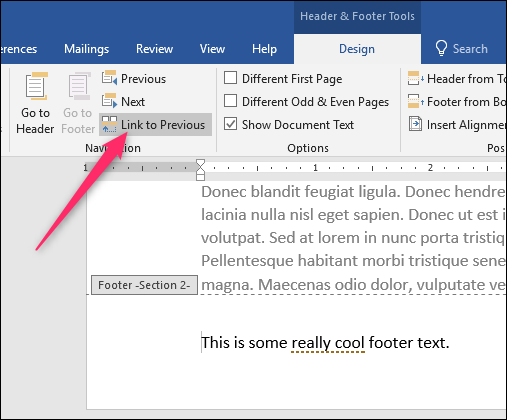 make header in word 2016 for mac different on each page